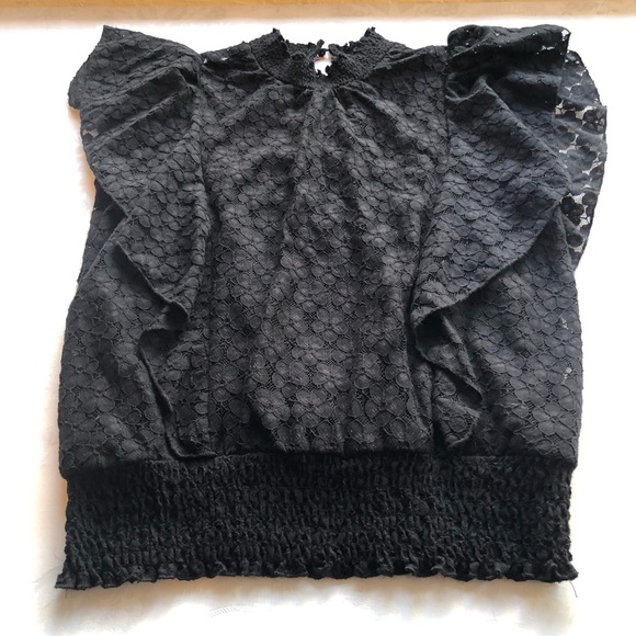 CeCe Black Laced High-Neck Peplum Top Women’s Size M Short Flare Sleeves Lining - Picture 12 of 16